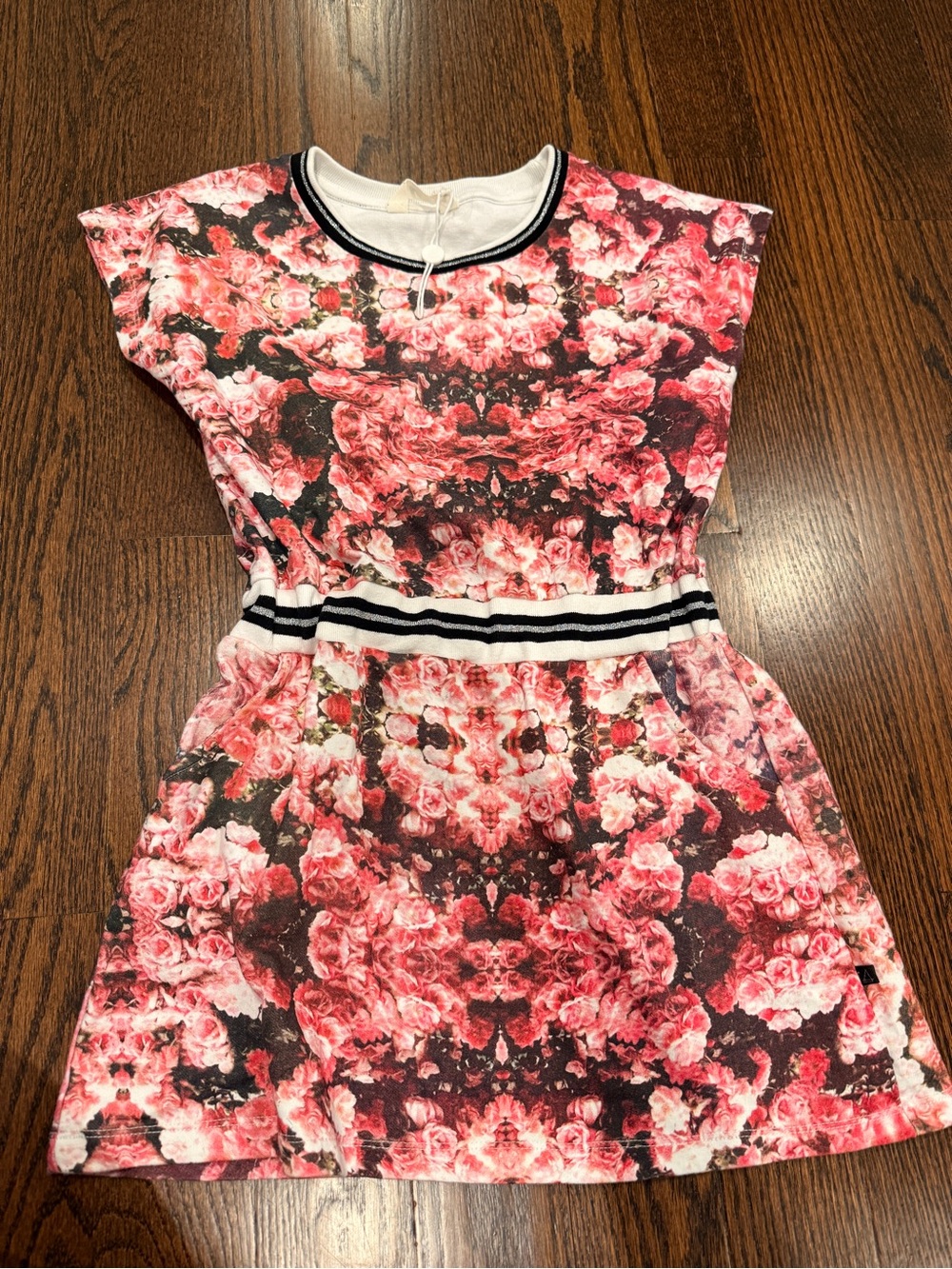 Little Eleven Paris Pink Floral Knit Dress with Striped Waistband